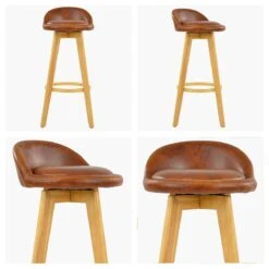 Athena Vintage Brown Faux Leather Wood Leg Kitchen Stool
