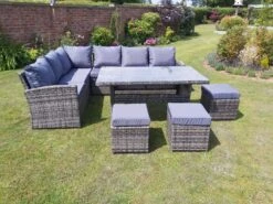 Benin 9 Seater Garden Rattan Corner Sofa Dining Set With Table Grey -Furniture Specialty Store benin rattan set 4