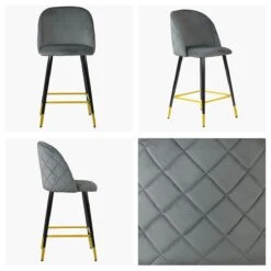 Brooklands Grey Velvet Black Gold Leg Kitchen Stool