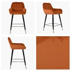 Carson Burnt Orange Velvet Black Silver Leg Counter Bar Stool