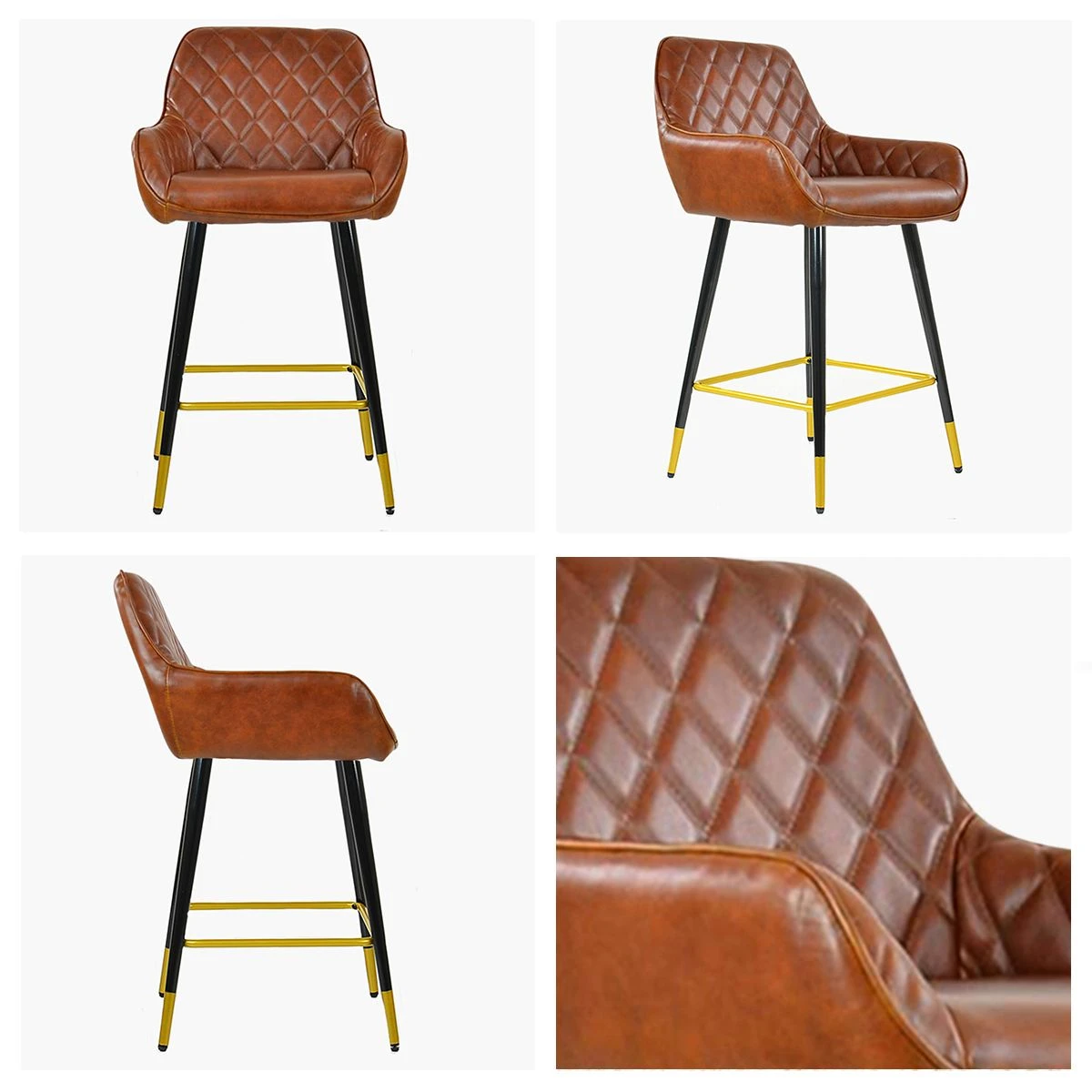 Carson Vintage Brown Faux Leather Black Gold Leg Bar Stool