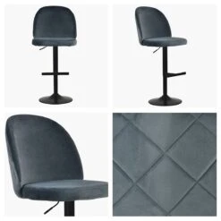 Clarris Dark Grey Velvet Bar Stool Matt Black Adjustable Base