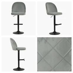 Clarris Grey Velvet Bar Stool Matt Black Adjustable Base