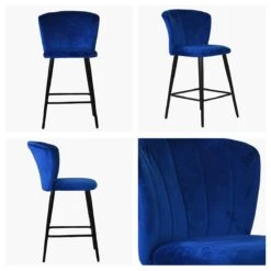 Dove Blue Velvet Black Leg Bar Stool