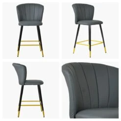 Dove Dark Grey Faux Leather Black Gold Leg Barstool
