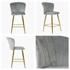 Dove Grey Velvet Gold Leg Bar Stool