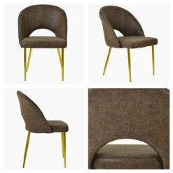 Flair Antique Brown Leather Dining Chair With Gold Leg