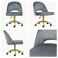Flair Dark Grey Velvet Swivel Office Chair With Gold Legs