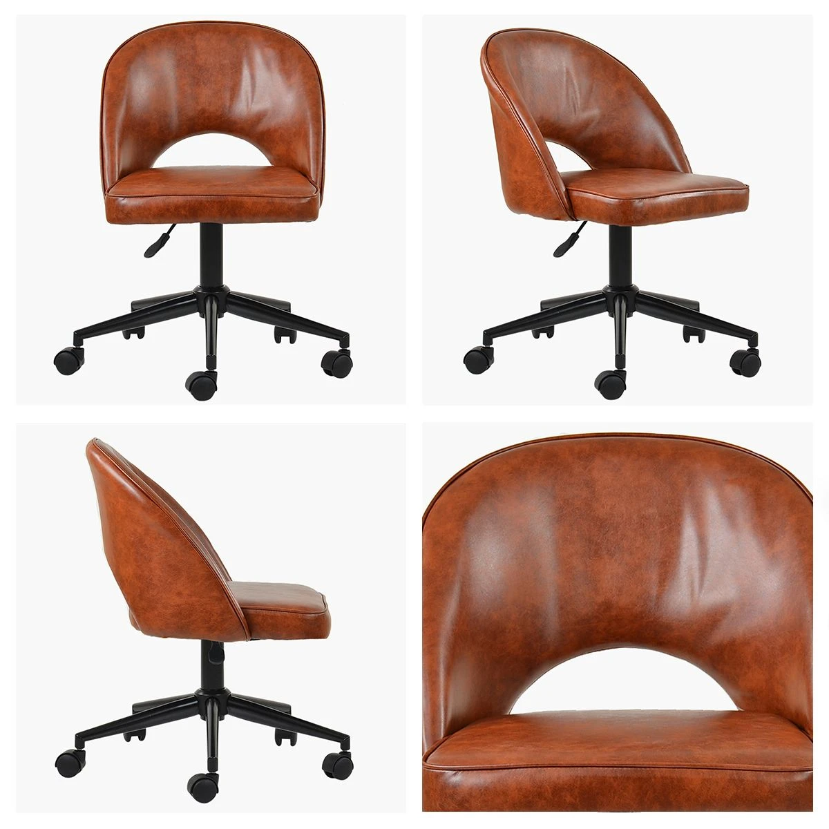 Flair Vintage Brown Leather Swivel Office Chair Black Base