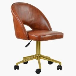 Flair Vintage Brown Leather Swivel Office Chair With Gold Legs -Furniture Specialty Store flair vintage brown office gold 2