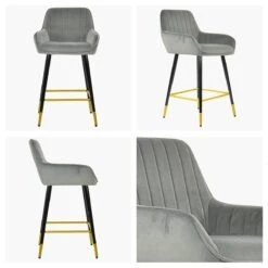 Hamilton Grey Velvet Black Gold Leg Bar Stool