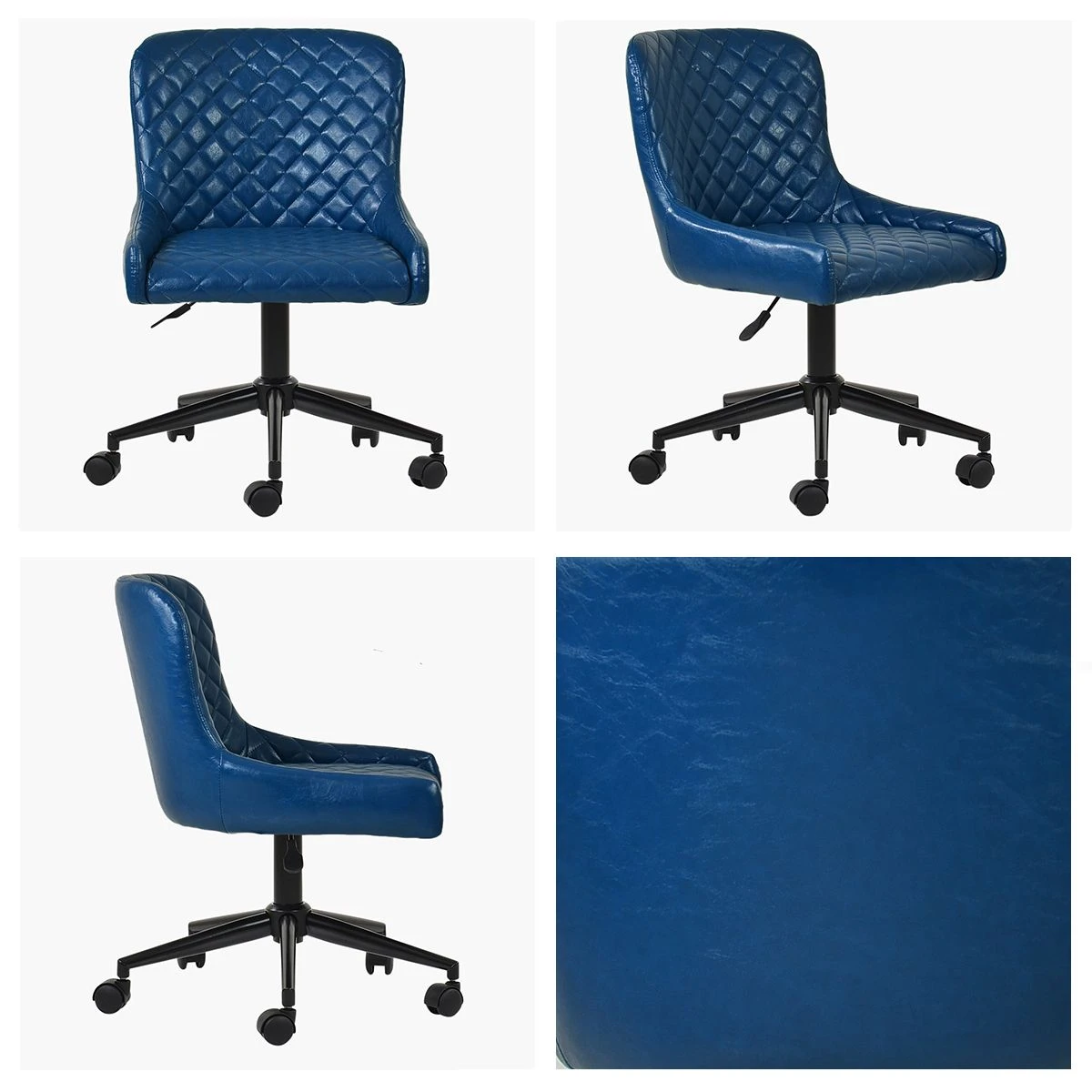 Heron Vintage Blue Leather Swivel Office Chair With Black Base