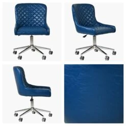 Heron Vintage Blue Leather Swivel Office Chair With Chrome Base