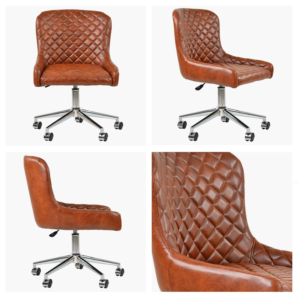 Heron Vintage Brown Leather Swivel Office Chair Chrome Legs - Image 2