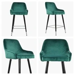 Longdale Green Velvet Black Silver Leg Breakfast Stool