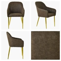 Lule Carver Antique Brown Leather Dining Chair With Gold Leg