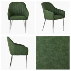 Lule Carver Vintage Green Leather Dining Chair With Chrome Leg