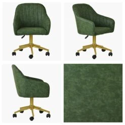 Lule Vintage Green Leather Swivel Office Chair Gold Base