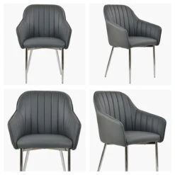 Lule Carver Dark Grey Faux Leather Dining Chair With Chrome Legs And Armrests