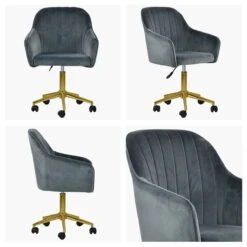 Lule Dark Grey Velvet Swivel Office Chair With Gold Legs