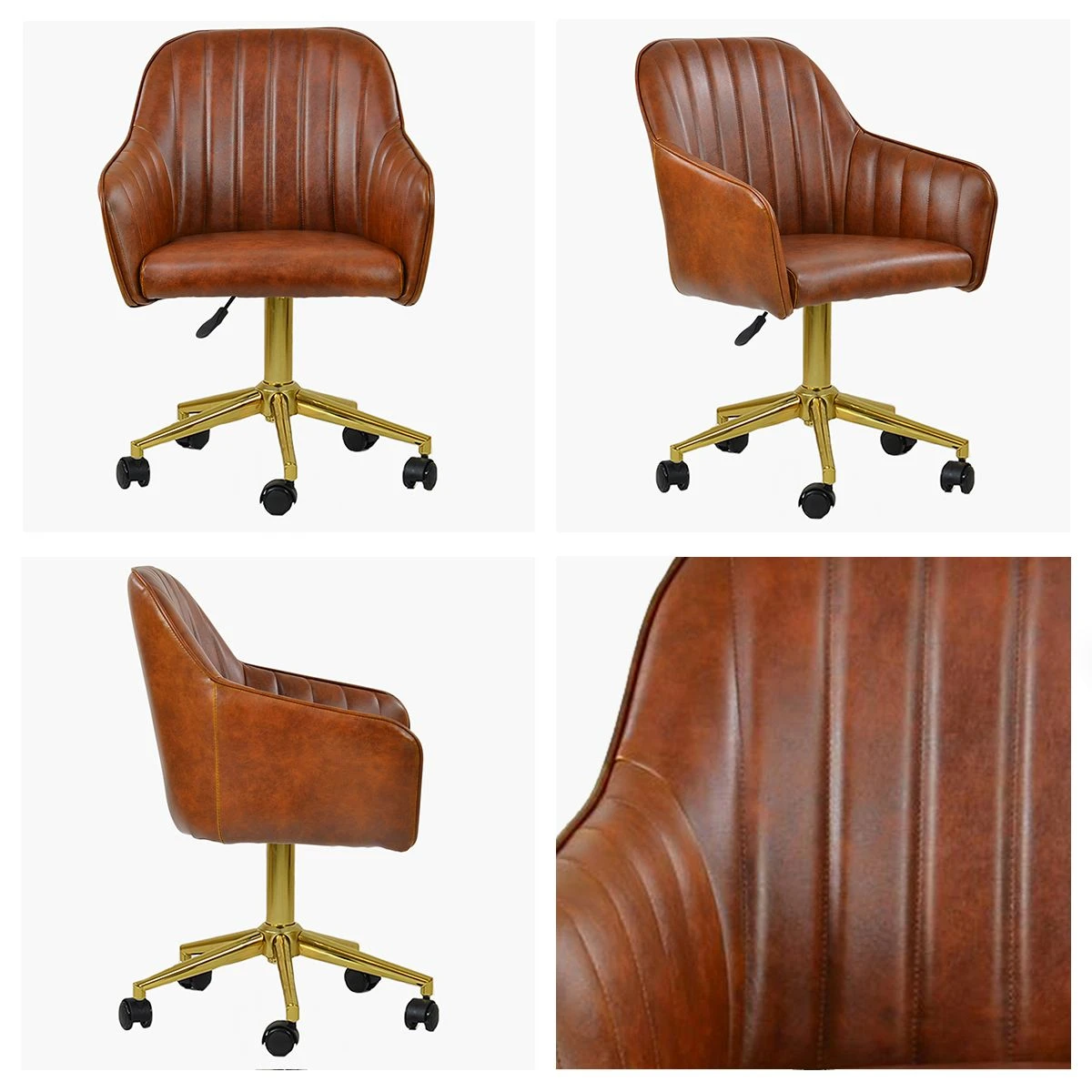 Lule Vintage Brown Leather Swivel Office Chair Gold Legs 3 Lule Vintage Brown Leather Swivel Office Chair Gold Legs