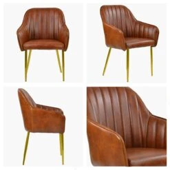 Lule Carver Vintage Brown Faux Leather Dining Chair With Gold Legs And Arms -Furniture Specialty Store lule vintage brown gold leg white