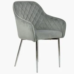 Opus Carver Grey Velvet Dining Chair With Chrome Legs And Armrests