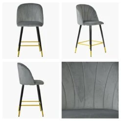 Scada Grey Velvet Black Gold Leg Barstool