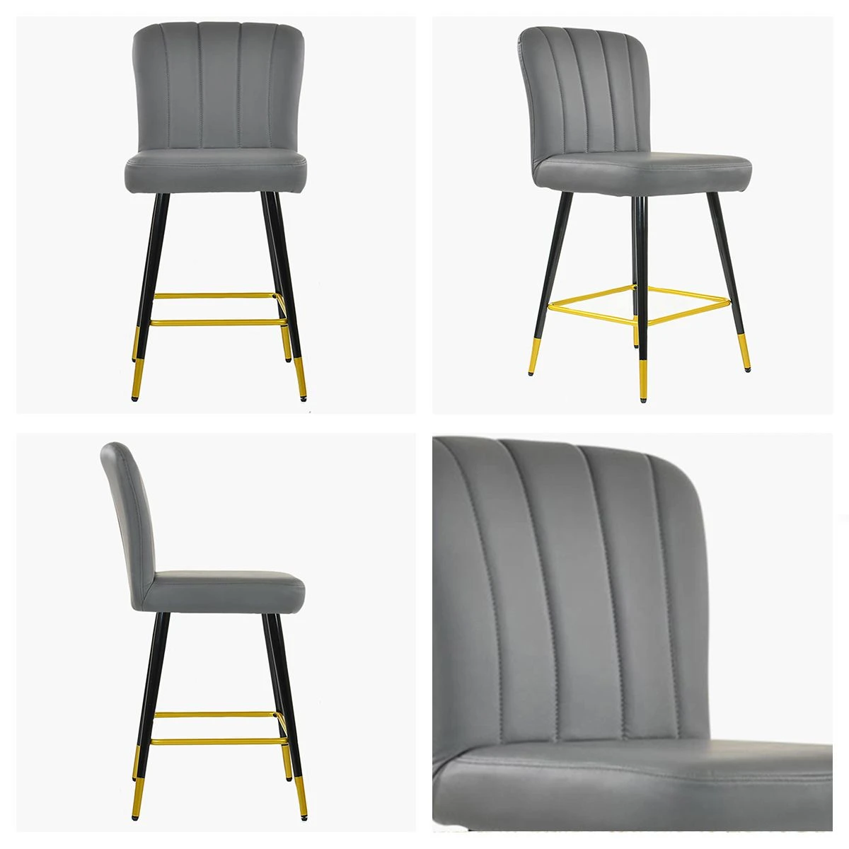 Waldorf Dark Grey Faux Leather Black Gold Leg Bar Stool