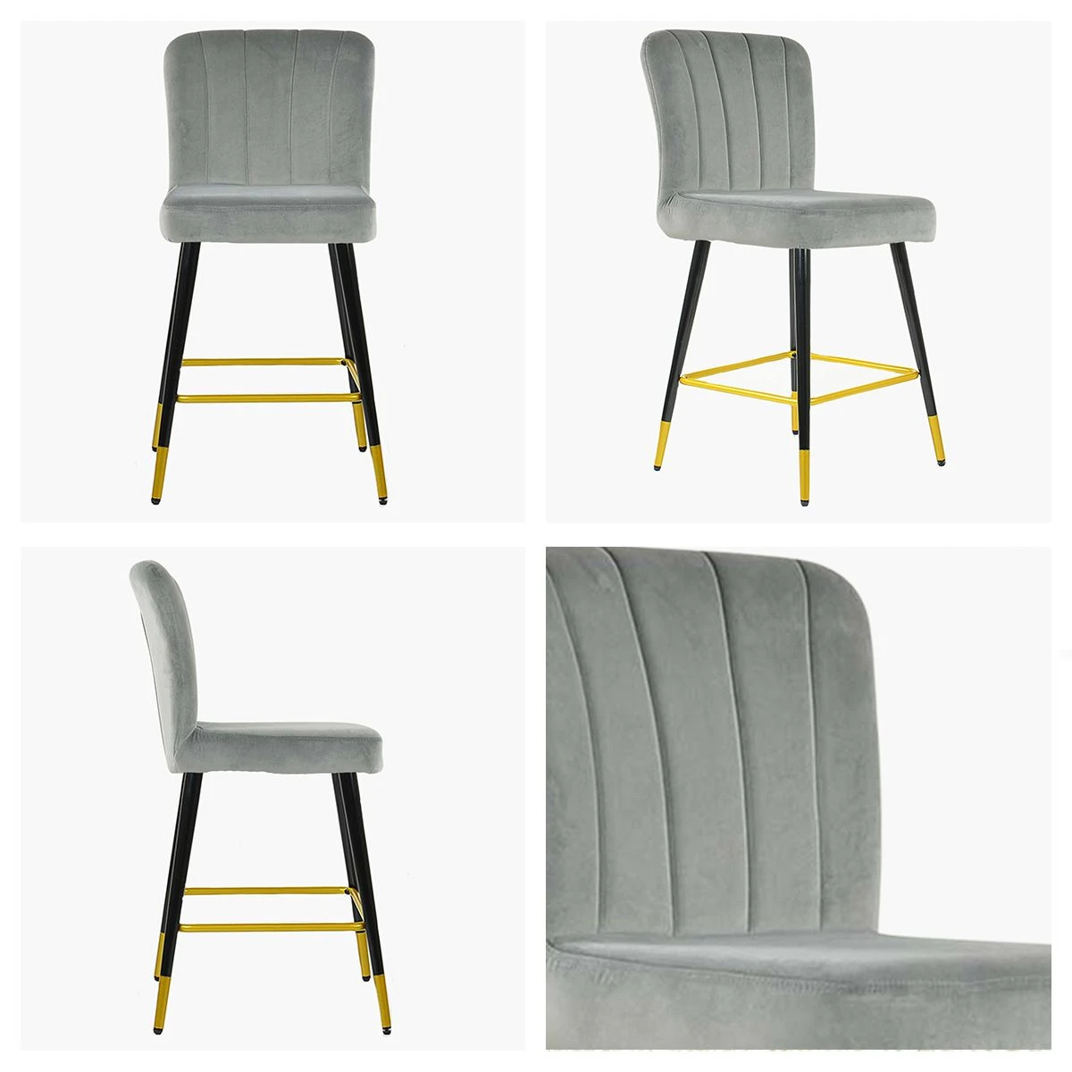Waldorf Grey Velvet Black Gold Leg Barstool