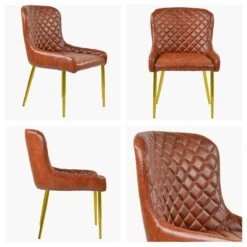 Heron Vintage Brown Leather Dining Chair With Gold Legs -Furniture Specialty Store z heron vintage brown gold white